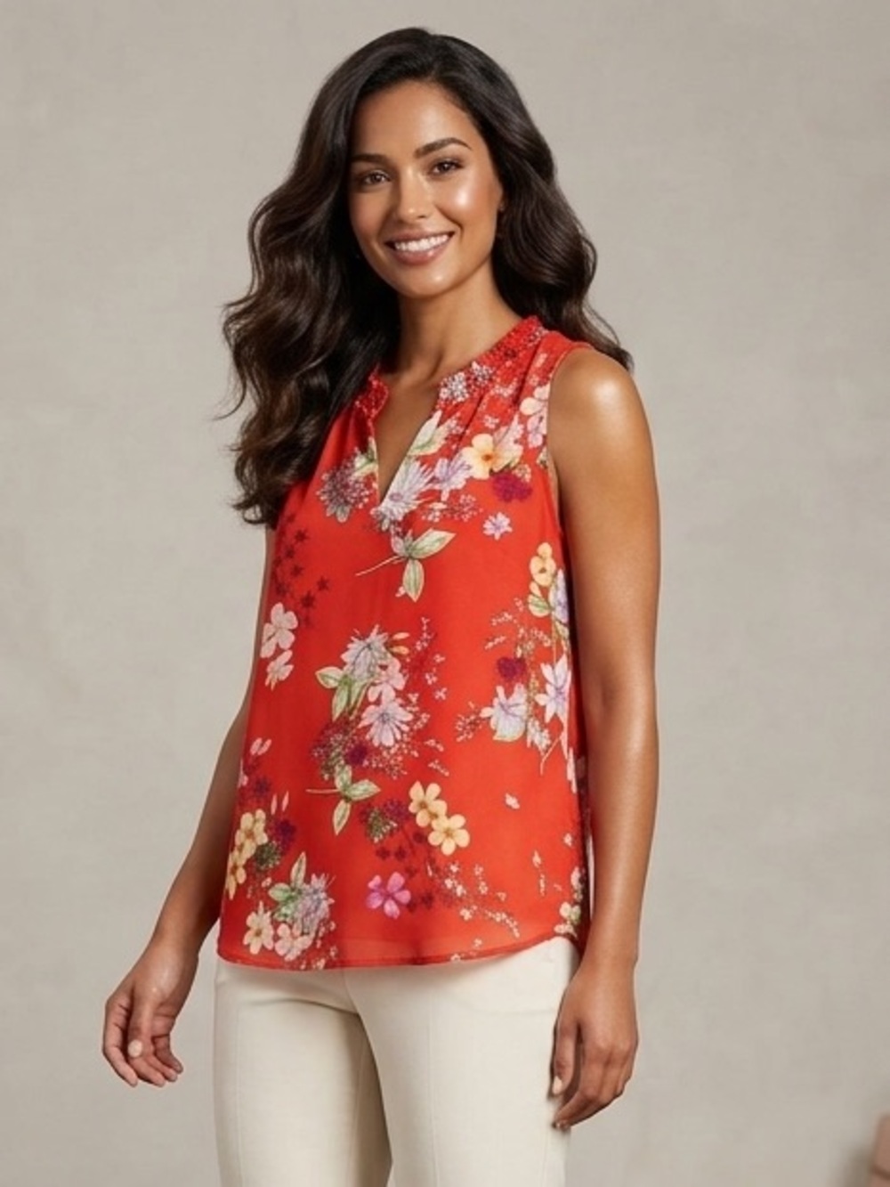 GORGEOUS Rose+Olive Sleeveless Red Print Blouse Sz M